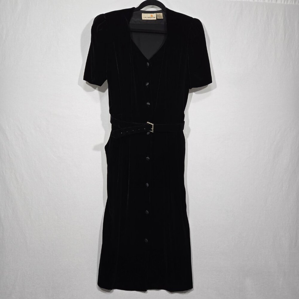 VINTAGE Academia Y2K Sirencore BLACK VELVET Pocket Belt Midi Dress Women Size 10